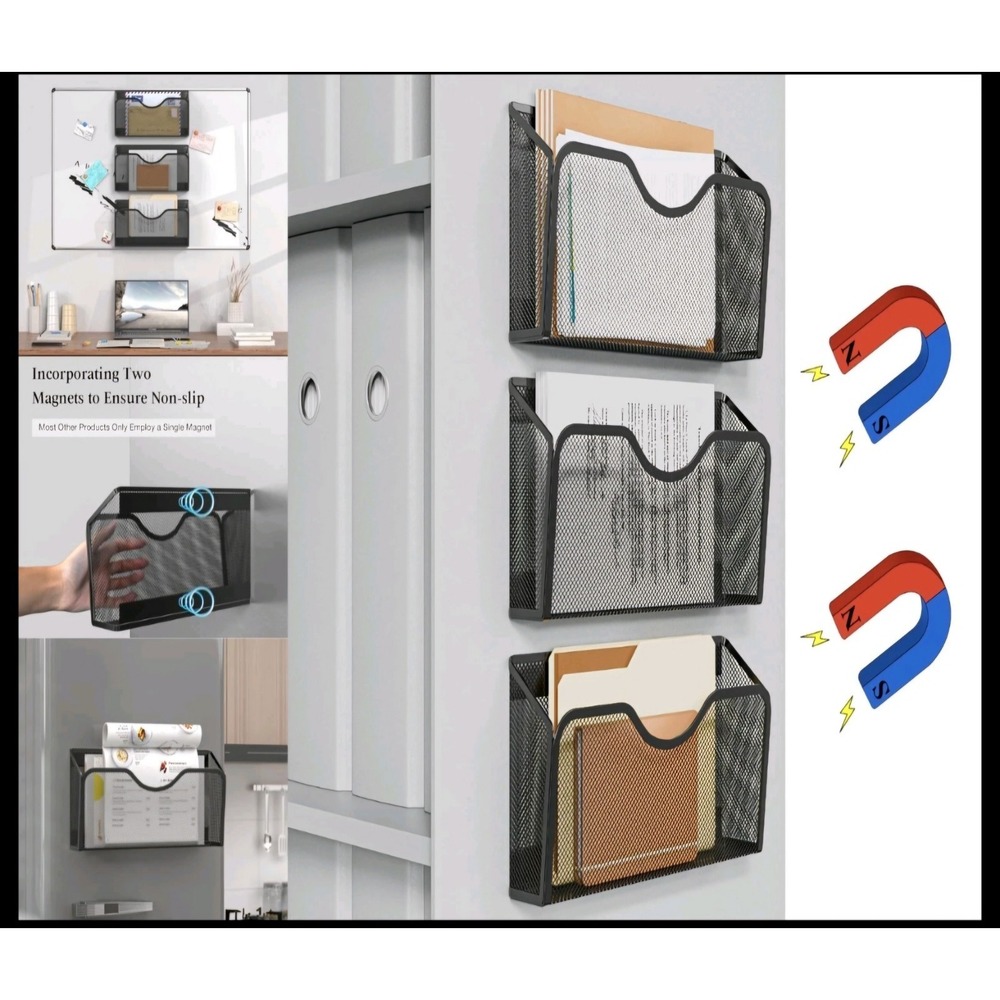 Magnetic File Holder Set - 3PCS Paper Organizer, No Drill Mail & Document Rack,